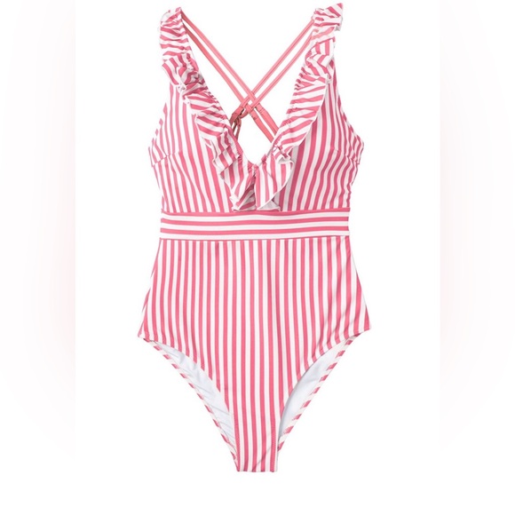 NEW Cupshe V-Neck- Ruffled-One Piece-Striped- Criss Cross Back-Swimsuit-Medium - Picture 2 of 10